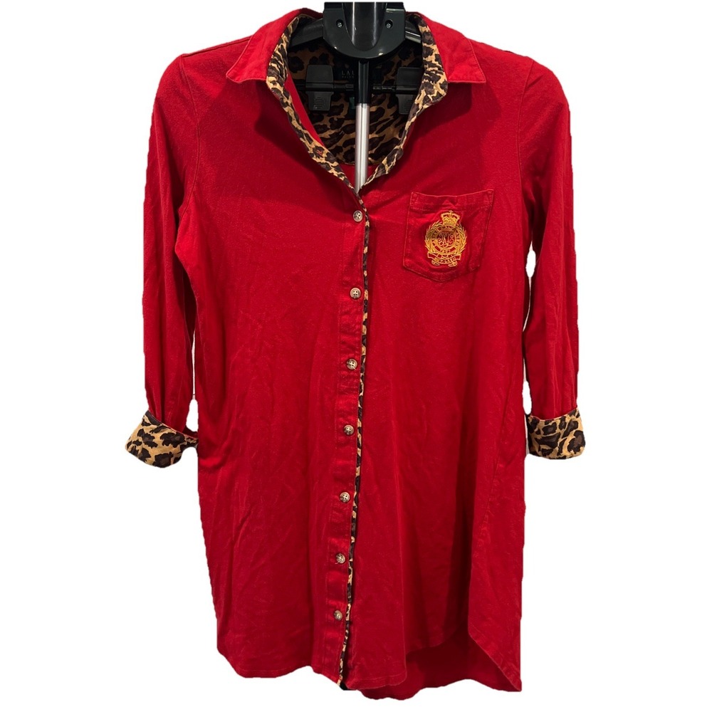 Ralph Lauren Boyfriend Sleep Shirt Women S Animal Print Red L/S Button Down‎ Pjs
